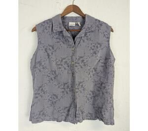 Vtg 90s Chambray Blouse Linen Cotton Blend Floral Embroidery Button Up Boxy XL